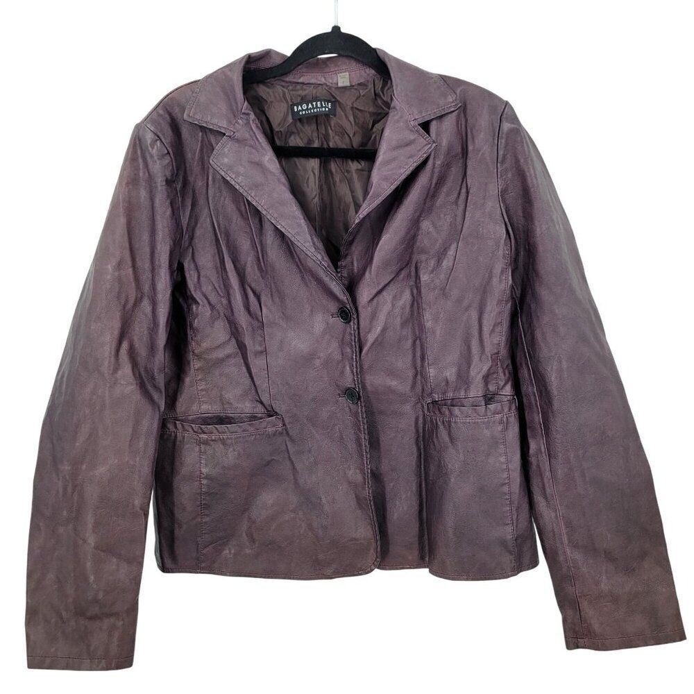 Womens‎ Oxblood Vegan Faux Leather Jacket Sz L Eggplant Purple Blazer Button Up